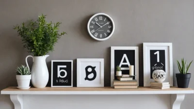 Illustration générée par intelligence artificielle : une étagère blanche portant des cadres noir et blanc, une plante et une horloge. Les lettres et les chiffres visibles sur l'image ne forment aucun mot ni aucune heure lisible.