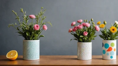 Illustration générée par IA : trois pots en céramique blanche à motifs colorés, garnis de fleurs, posés sur une table en bois devant un mur gris.