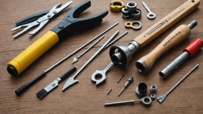 Illustration générée par intelligence artificielle : outils de bricolage disposés à plat sur un plan de travail en bois. Les inscriptions portées par les manches ne forment aucun mot réel.