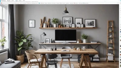 Illustration générée par intelligence artificielle : un intérieur avec bureau, étagères et plantes, servant de visuel d'ouverture à un guide sur les sources d'idées DIY.