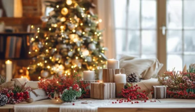 Table de fête dressée devant un sapin illuminé, garnie de bougies posées sur des rondins, de bouquets de baies rouges et de paquets emballés dans du papier kraft (illustration générée par intelligence artificielle).
